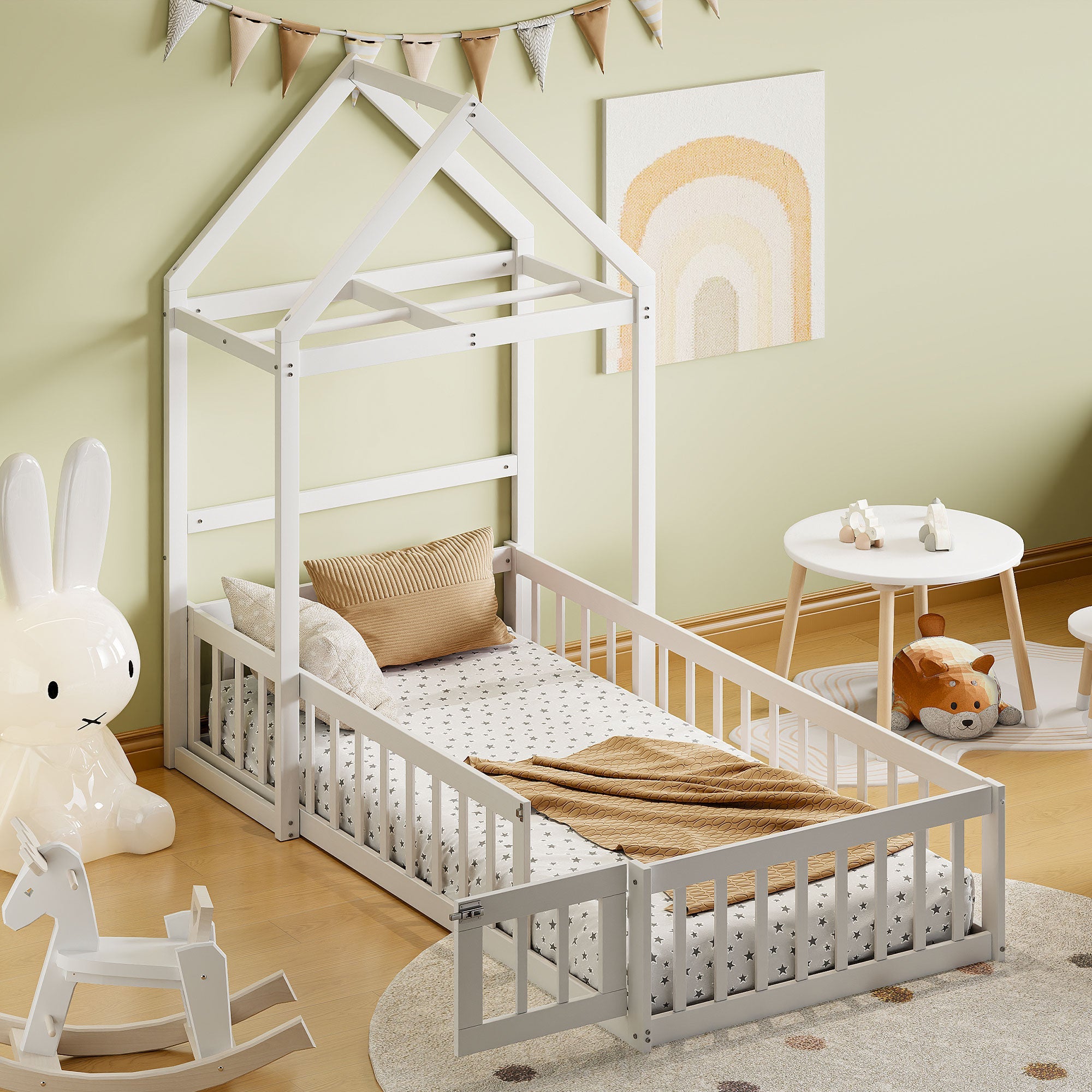 Wooden Twin Size Children's Bed with Detachable Headboard and Integrated Clothes Drying Rack, White