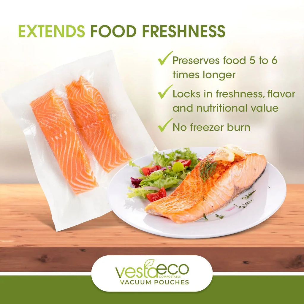 VestaEco Compostable Chamber Vacuum Seal Pouches, 8" × 12" Quart Size (QTY 100), SKU 218112
